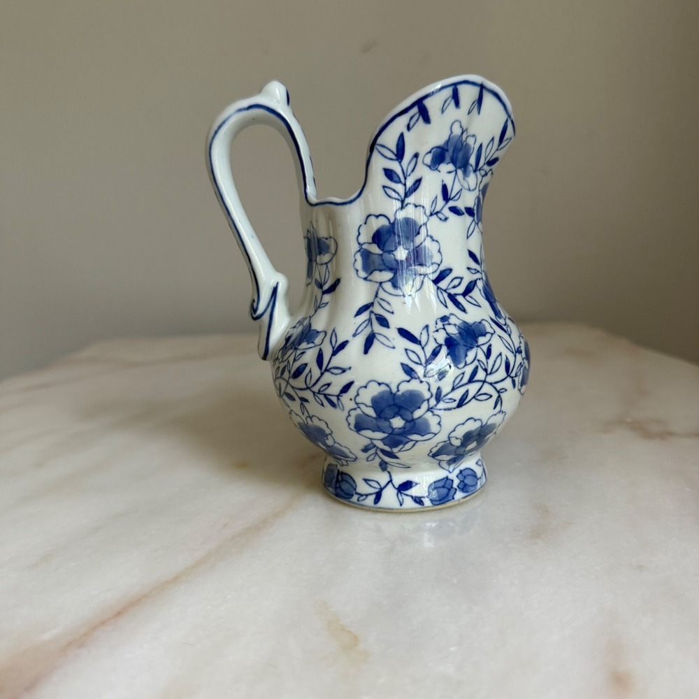 Andrea by Sadek Blue and White Floral Porcelain Pitcher Creamer Chinoiserie 5.5"